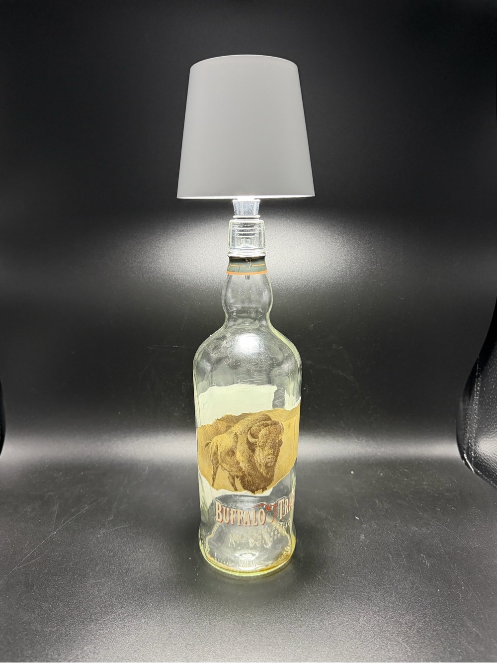 Repurposed Buffalo Trace bottle with rechargeable lamp top
